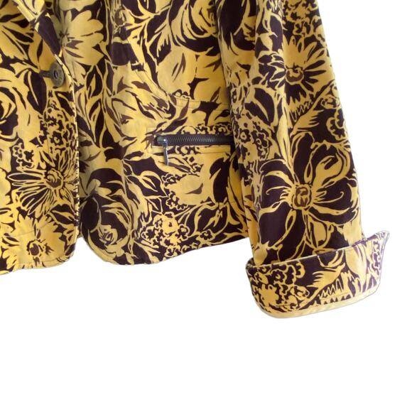 Boho Velvet Blazer Sz 12 Yellow & Brown Floral A-LINE Jacket Zip Front Pockets - Picture 8 of 13